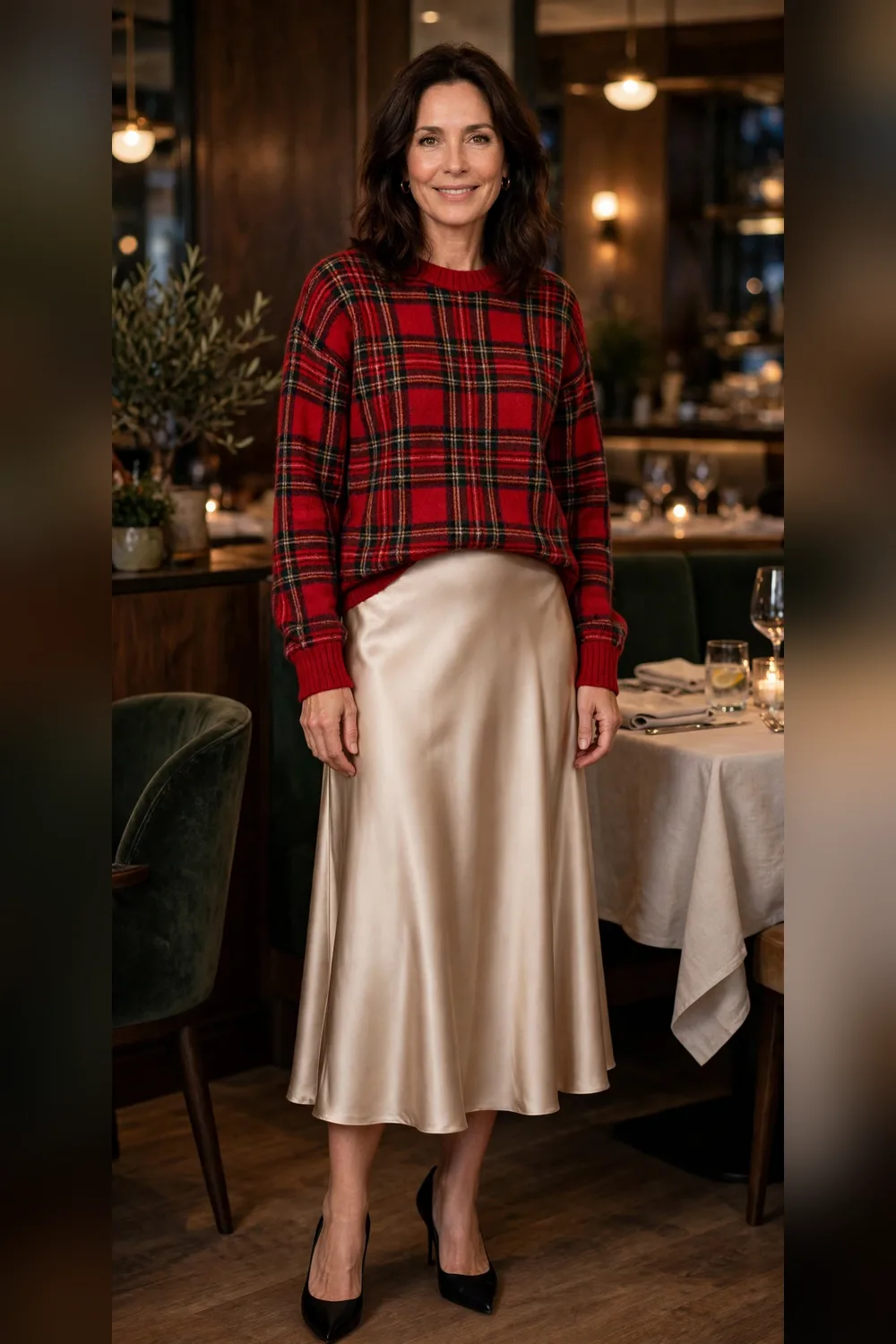 Red plaid sweater with satin midi skirt evening outfit over 40