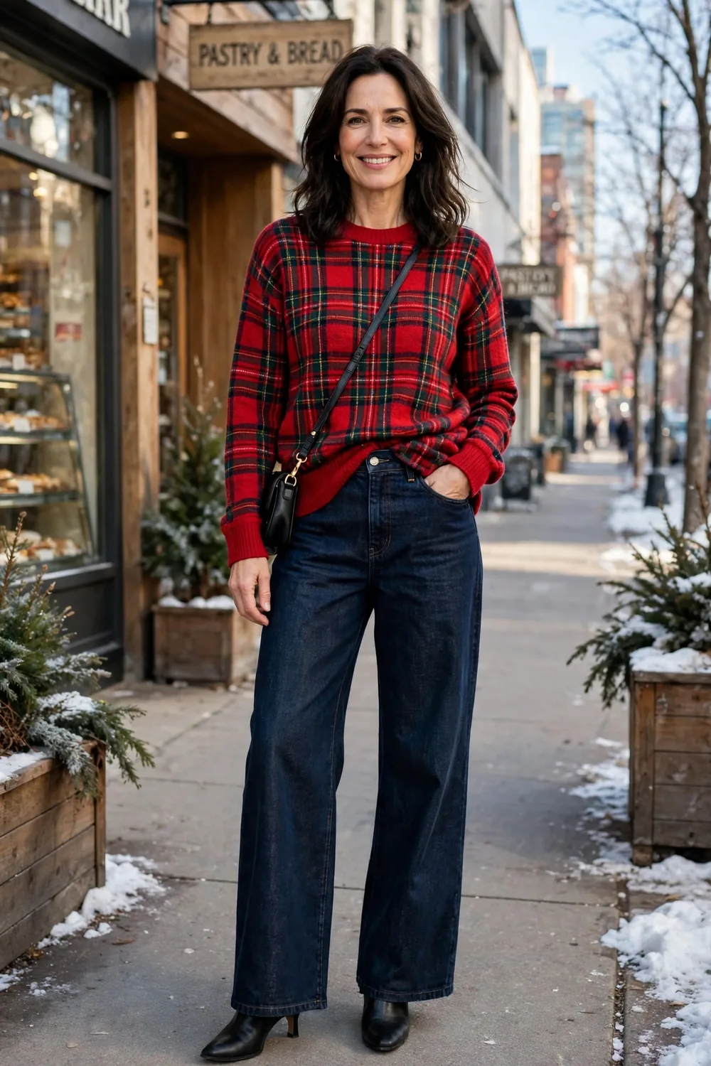 Red plaid sweater half-tucked into dark wide-leg jeans with heeled ankle boots