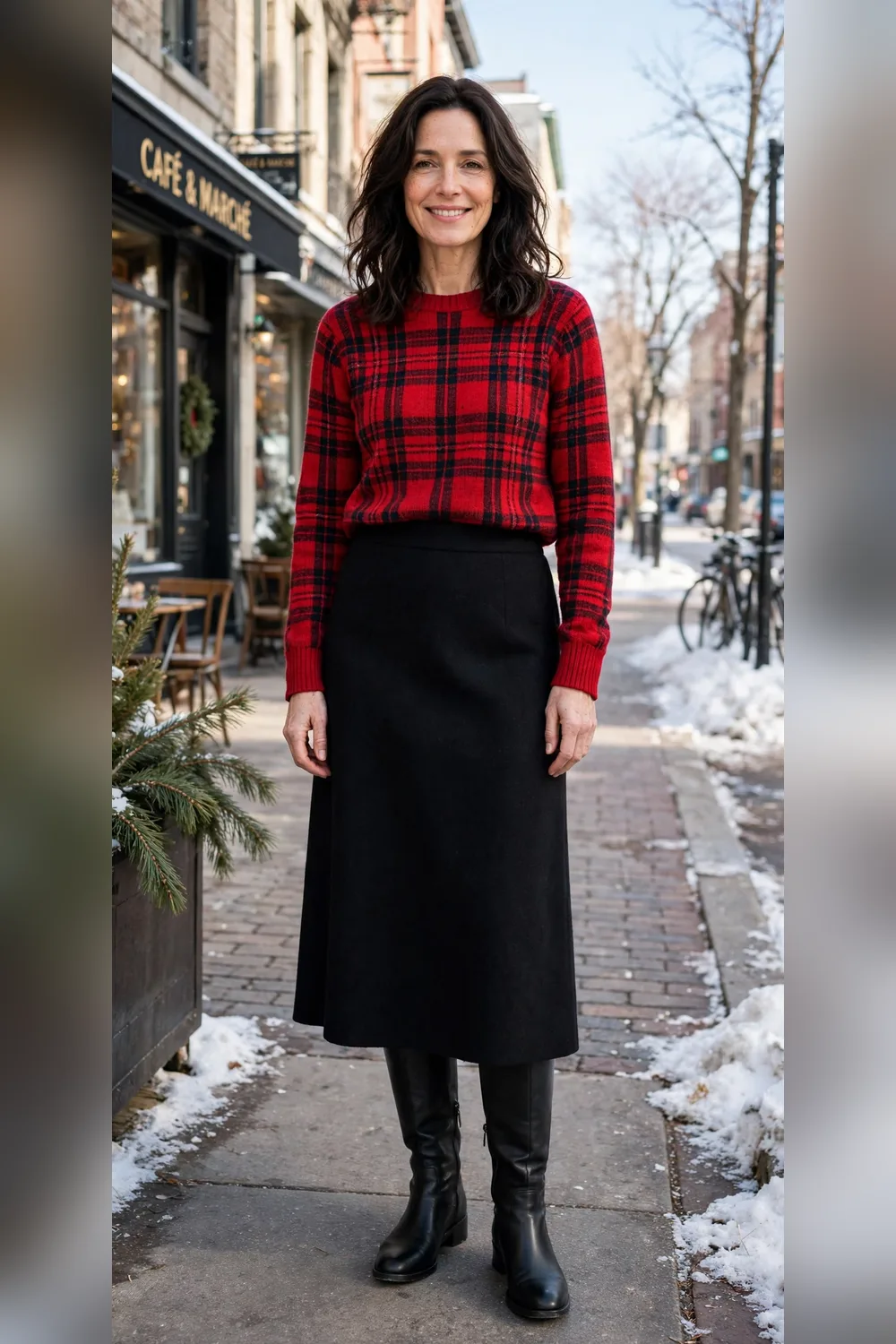 Red plaid sweater with black wool midi skirt outfit over 40