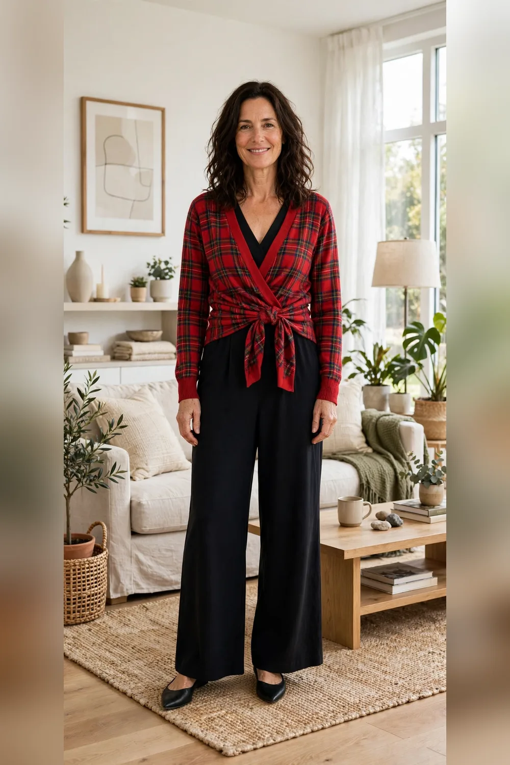 Red plaid wrap cardigan with black wide-leg jumpsuit outfit over 40