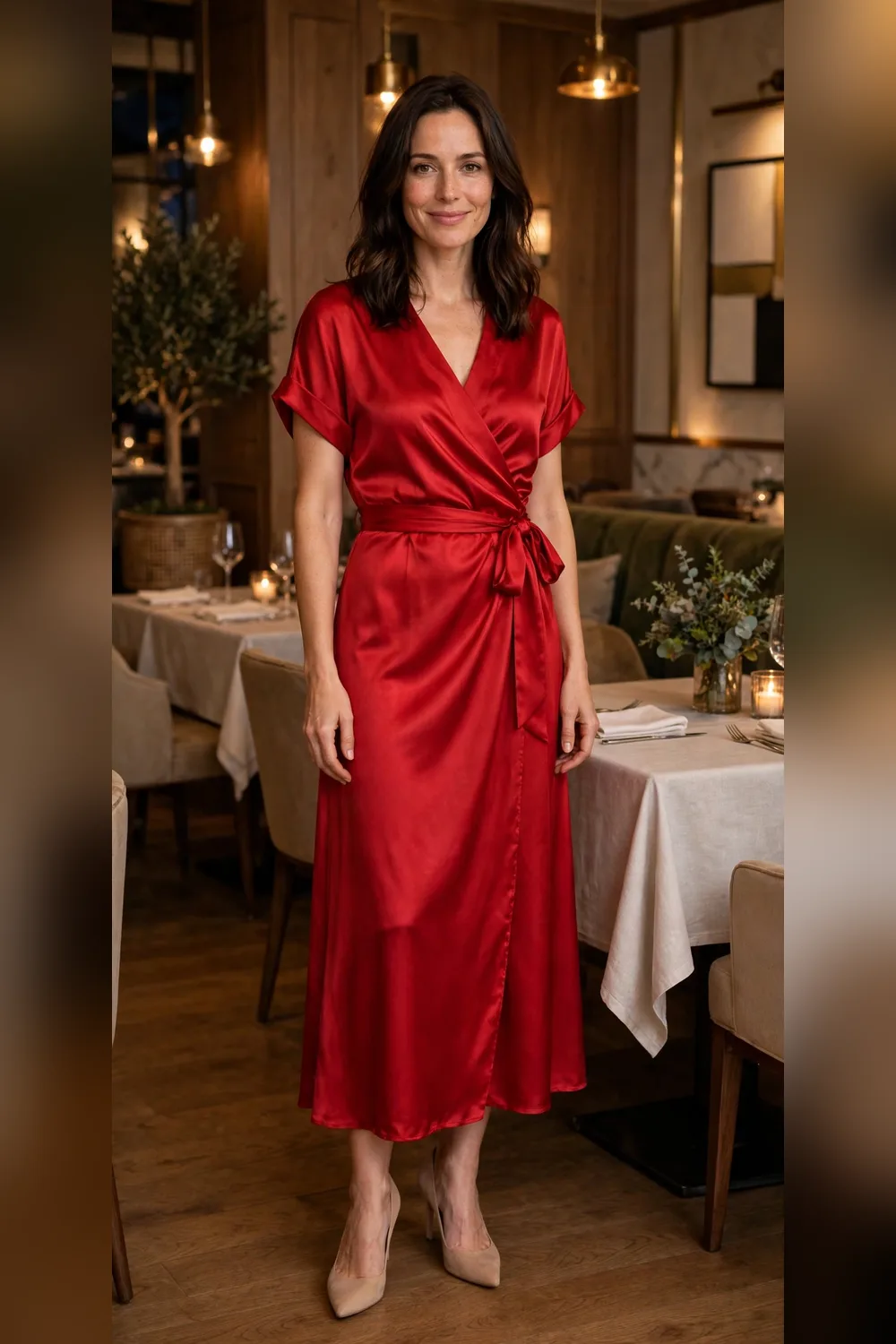 Red satin wrap dress Valentine's day outfit for women in their 30s
