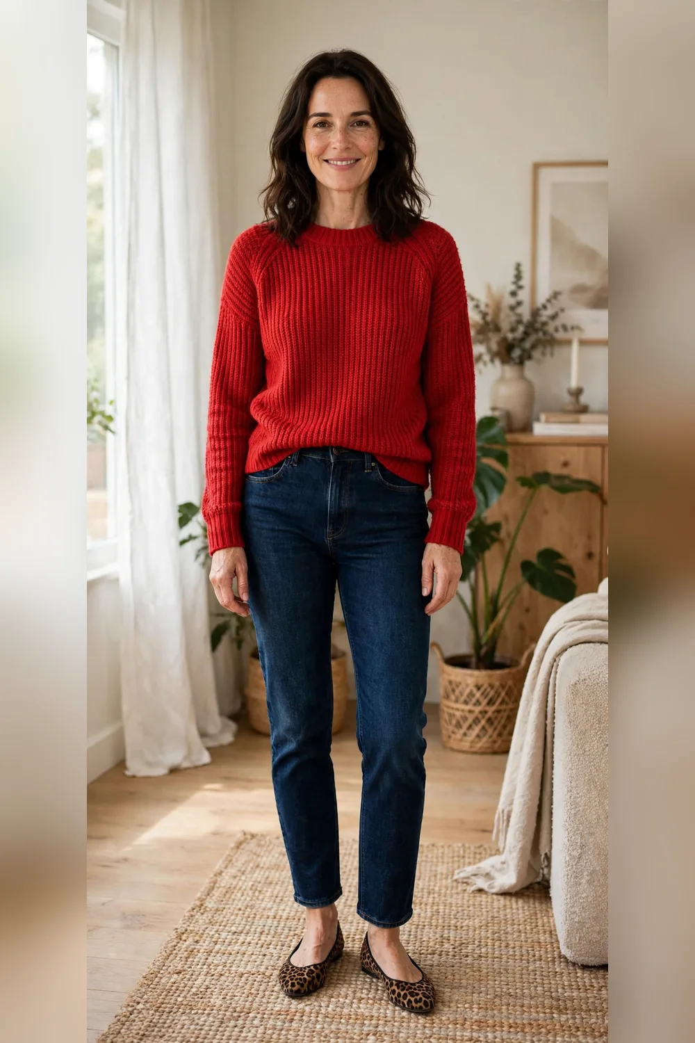 Woman in her 40s wearing a red sweater with dark denim and leopard flats