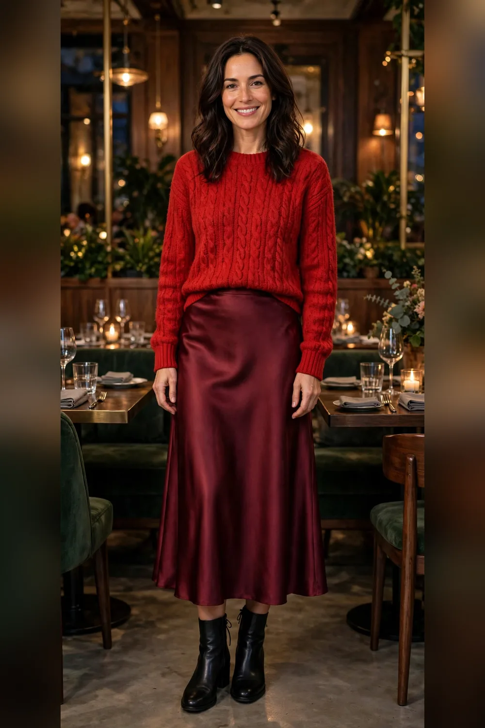 Red sweater with satin skirt Valentine's outfit