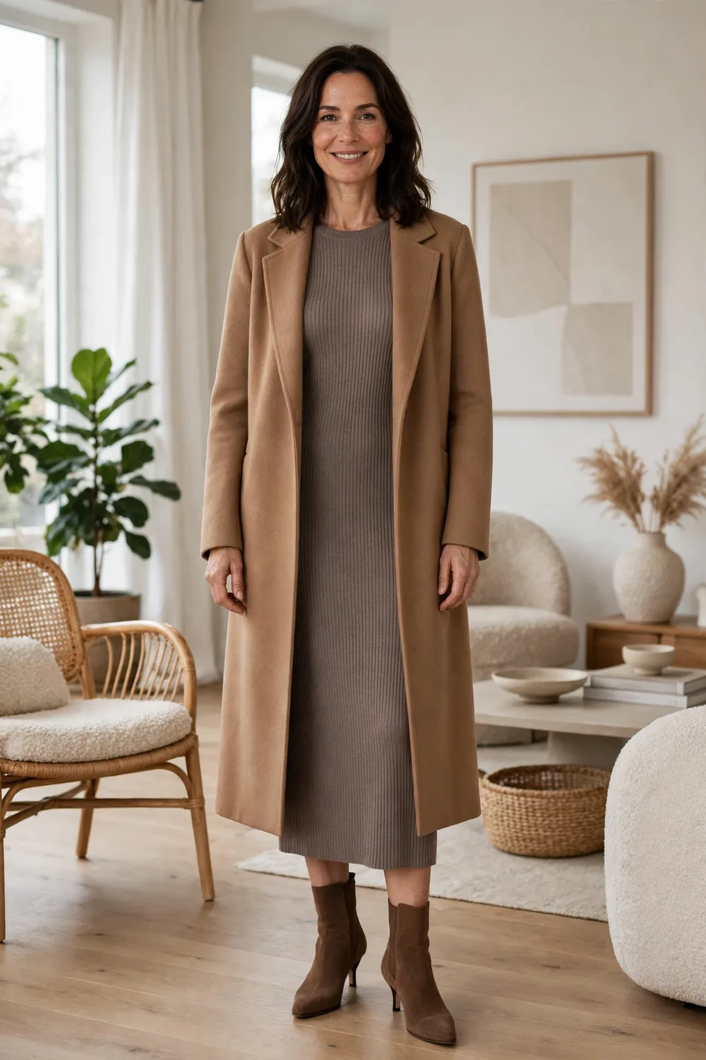 Woman in her 40s wearing a ribbed knit midi dress with a long camel coat