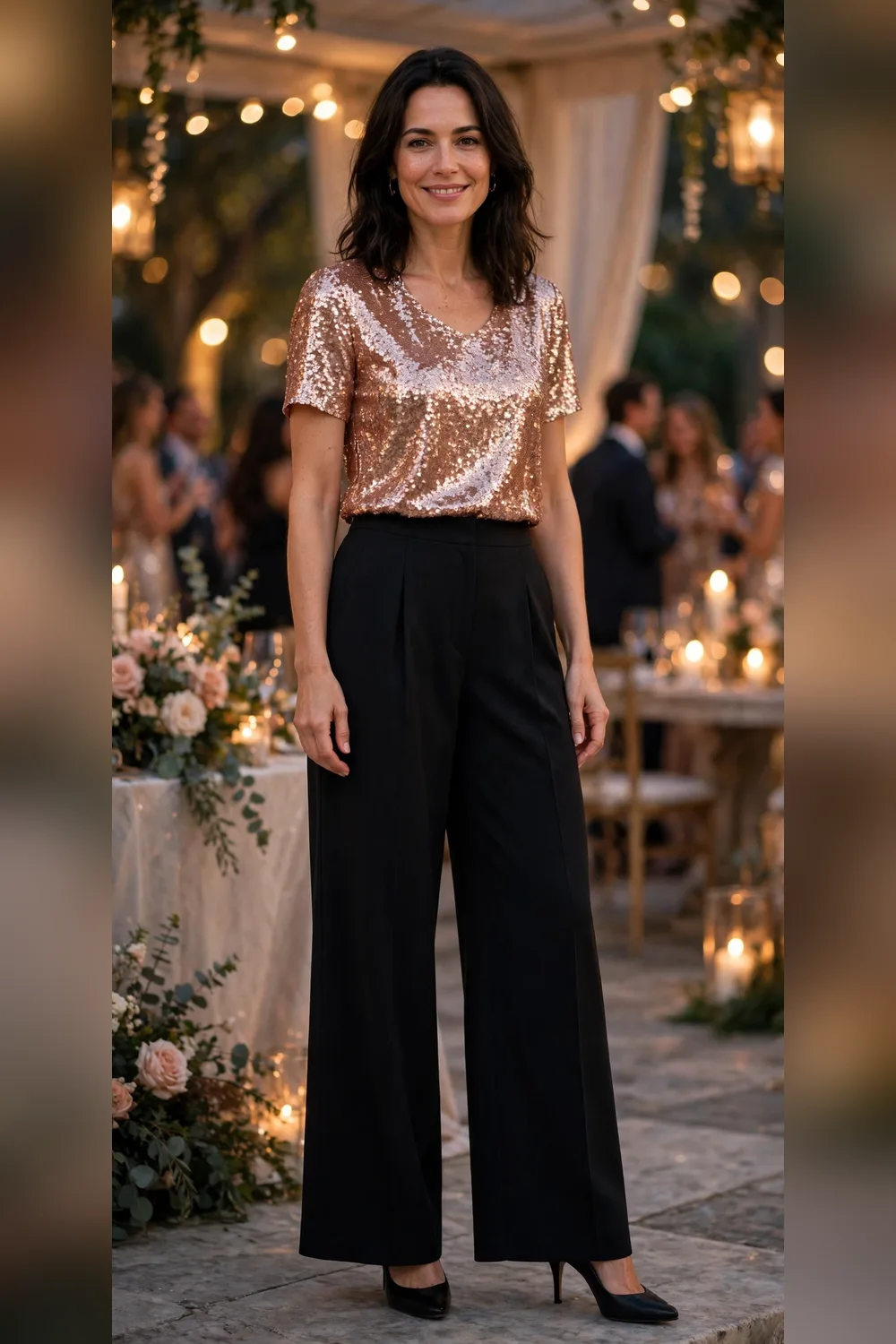 Rose gold sequin top with black trousers New Year's Eve outfit