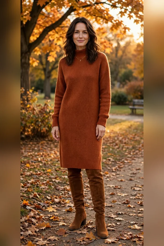 Woman in her 30s wearing a rust-colored sweater dress and cognac over-the-knee boots, warm fall outfit.