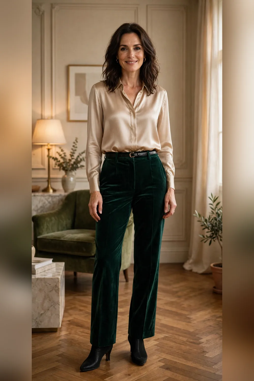 Champagne satin blouse with green velvet trousers Christmas party outfit