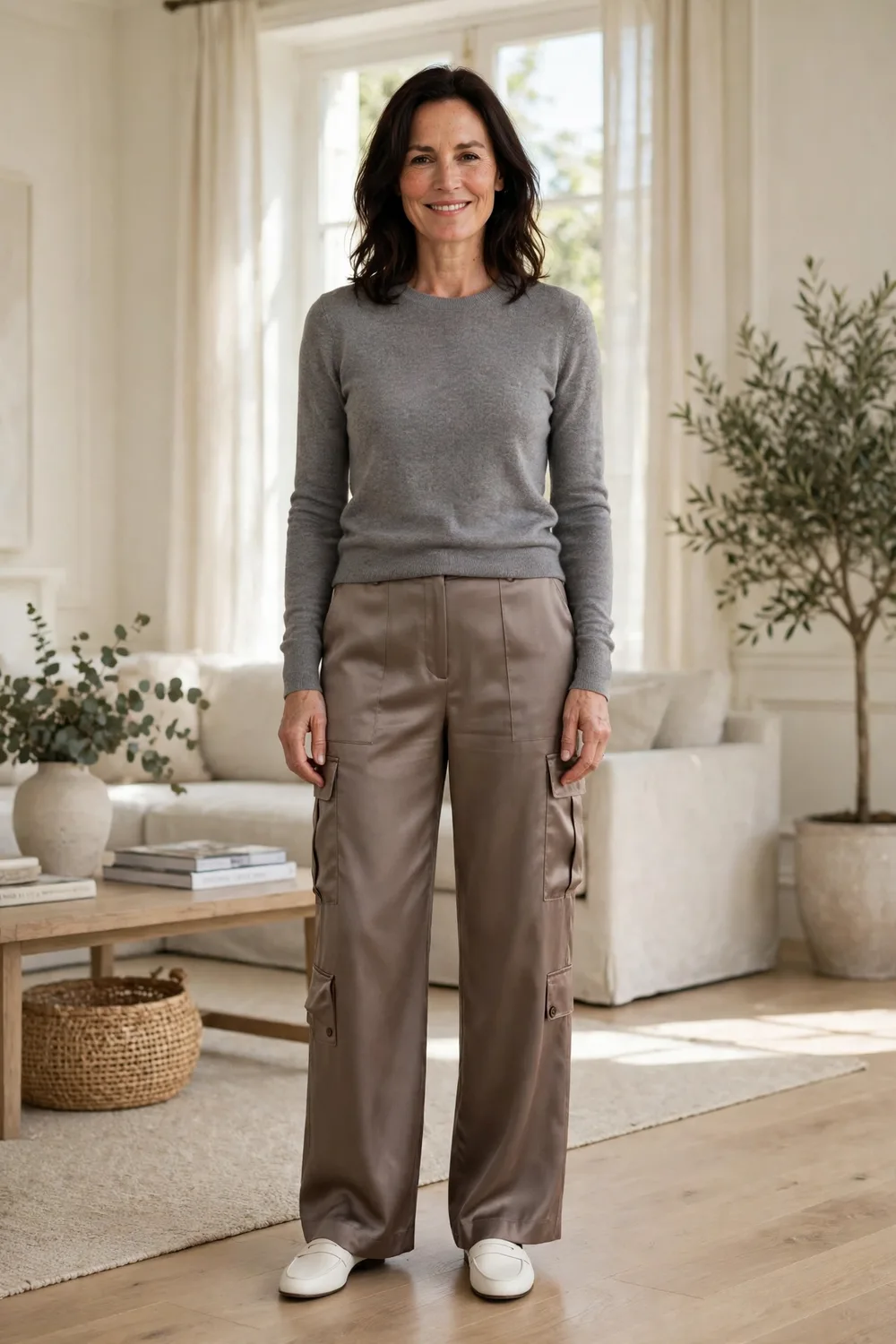 Woman in her 40s wearing satin cargo trousers with a cashmere crew sweater