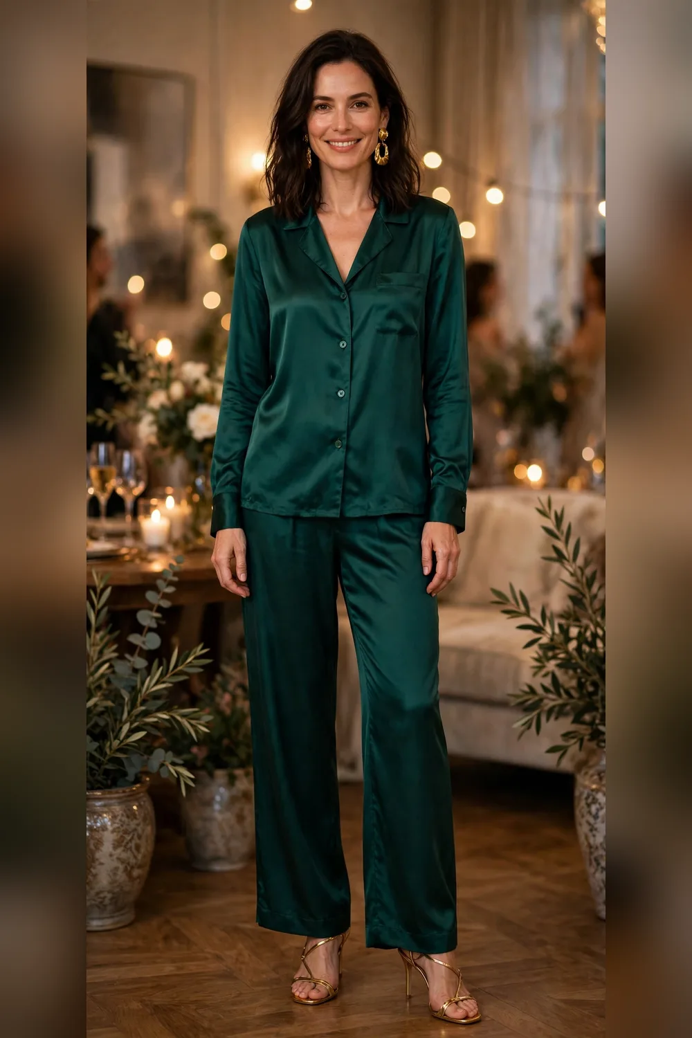 Green satin pajama suit New Year's Eve outfit for women in their 30s
