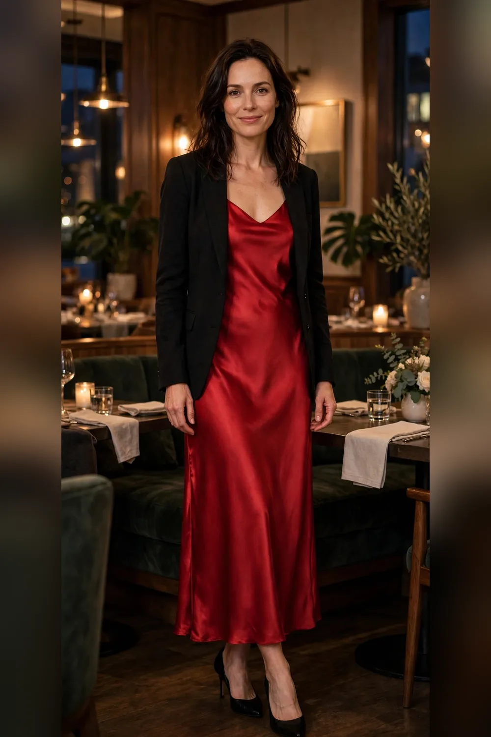 Scarlet slip dress with black blazer Valentine's outfit