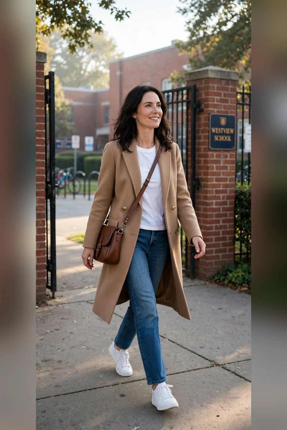 Put together mom outfit for school run jeans camel coat and white sneakers