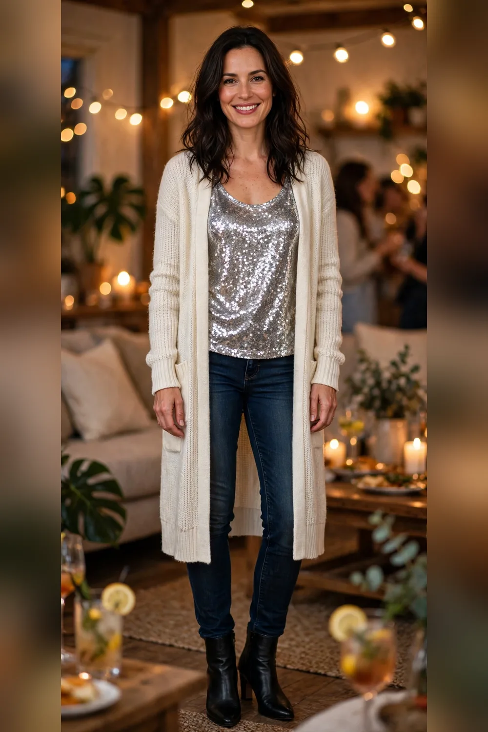 Sequin top with cardigan and jeans New Year's Eve house party outfit