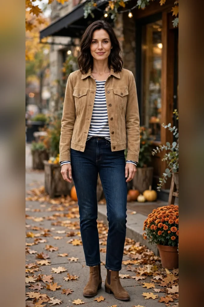 Woman in her 30s wearing a tan suede trucker jacket over a striped Breton top and dark denim.