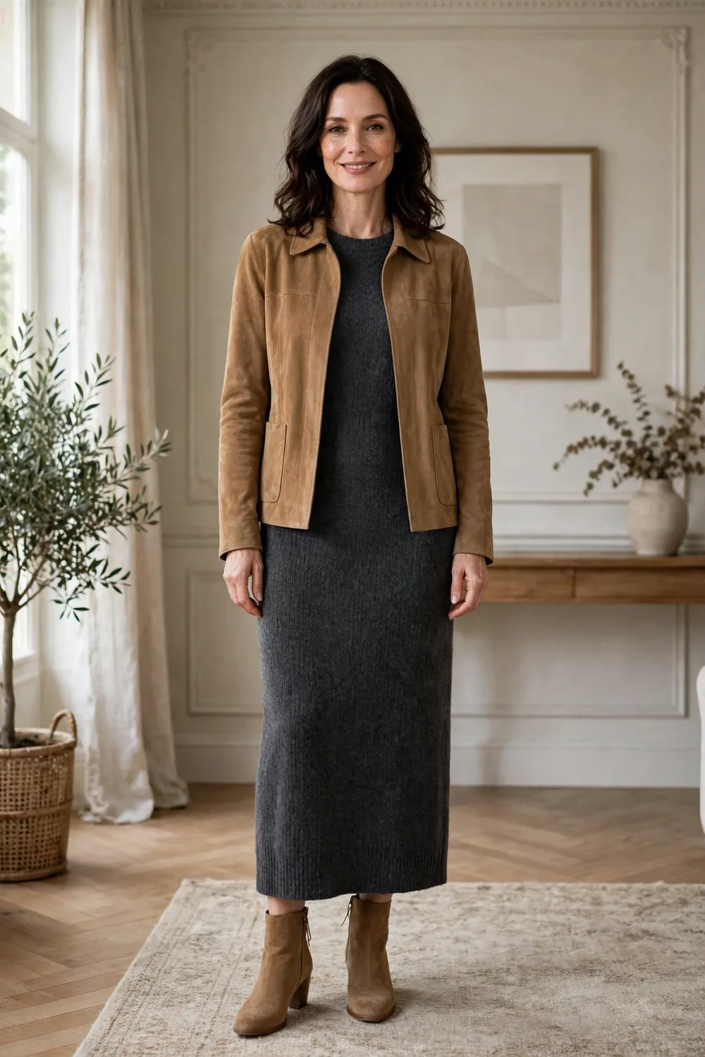 Woman in her 40s wearing a tan suede jacket over a knit dress