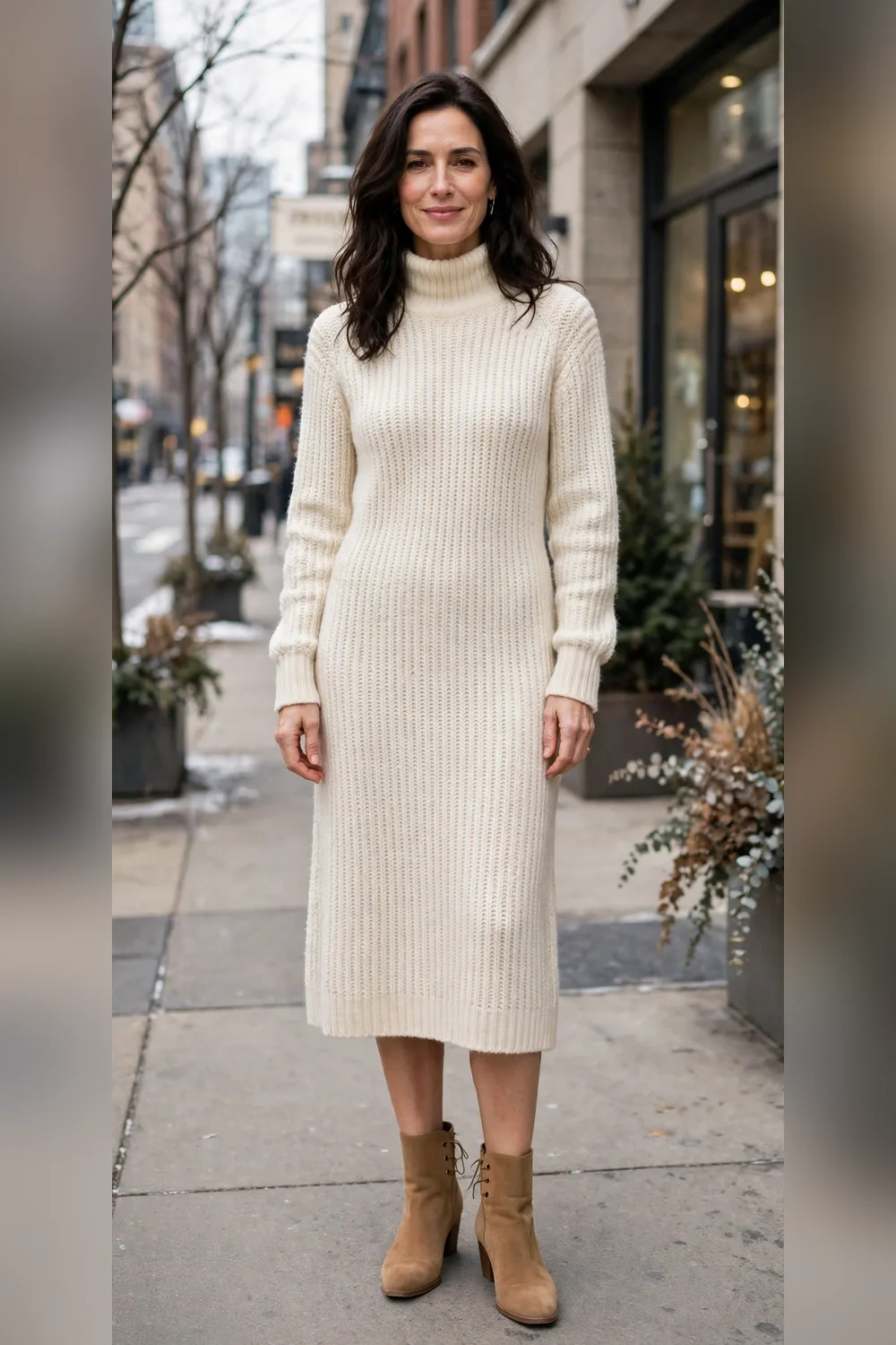 Tan suede ankle boots with cream sweater dress outfit for women over 40