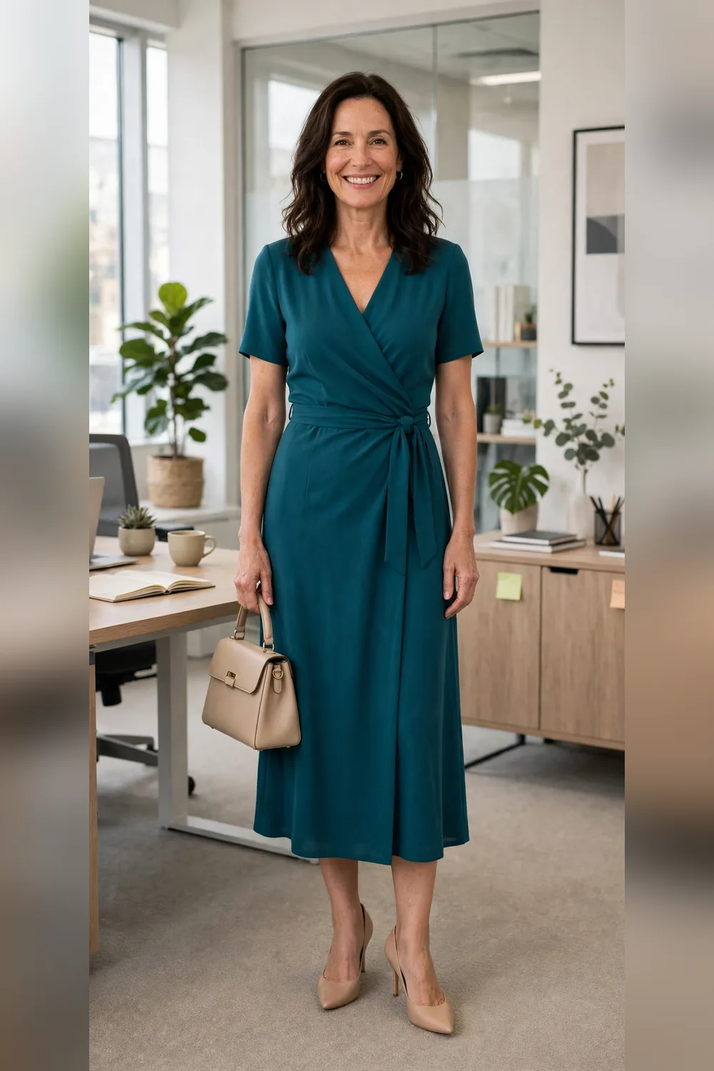 Teal wrap knit dress work outfit for women over 40