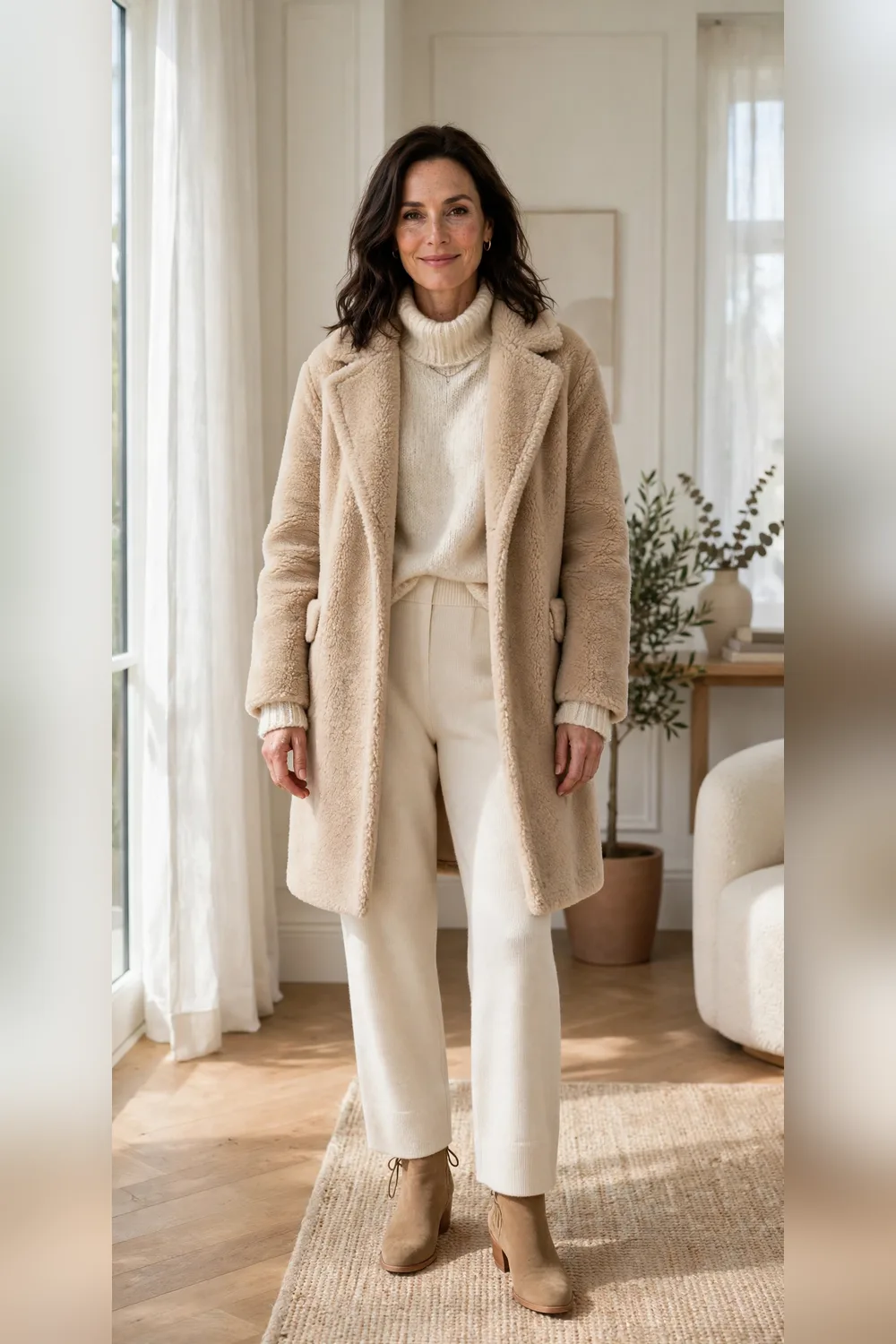 Woman in her 40s wearing a teddy coat over all-cream layers