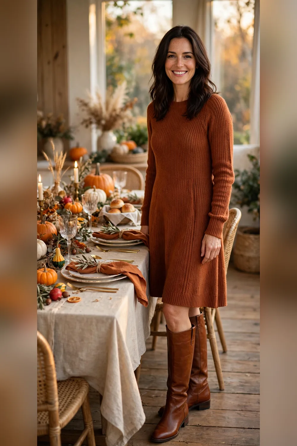 Woman in her 30s wearing a rust sweater dress and cognac knee-high boots beside a Thanksgiving table
