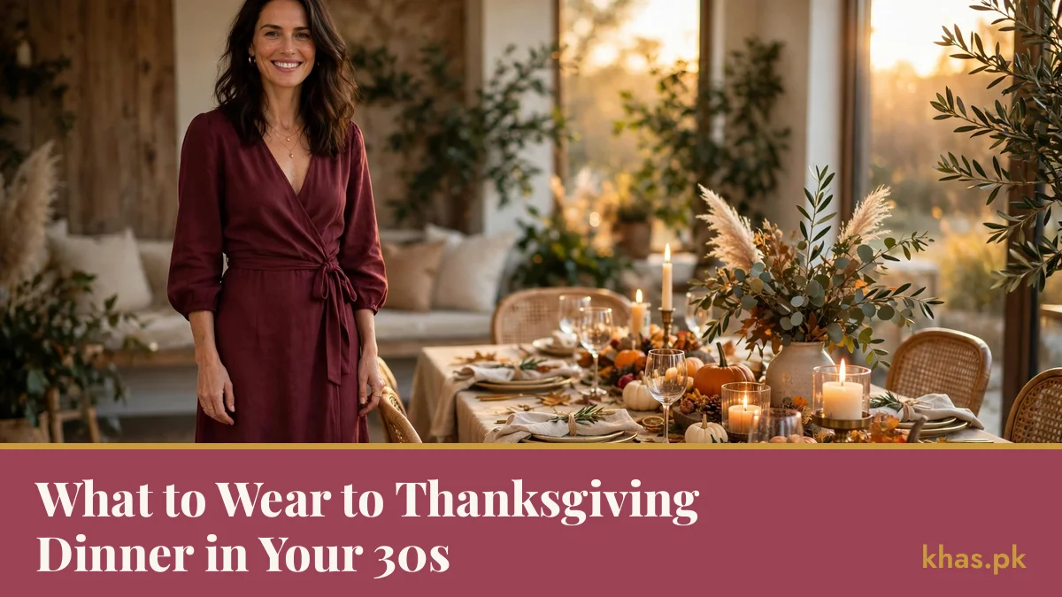 Woman in her 30s wearing a burgundy wrap dress beside a Thanksgiving table — What to Wear to Thanksgiving Dinner in Your 30s, khas.pk
