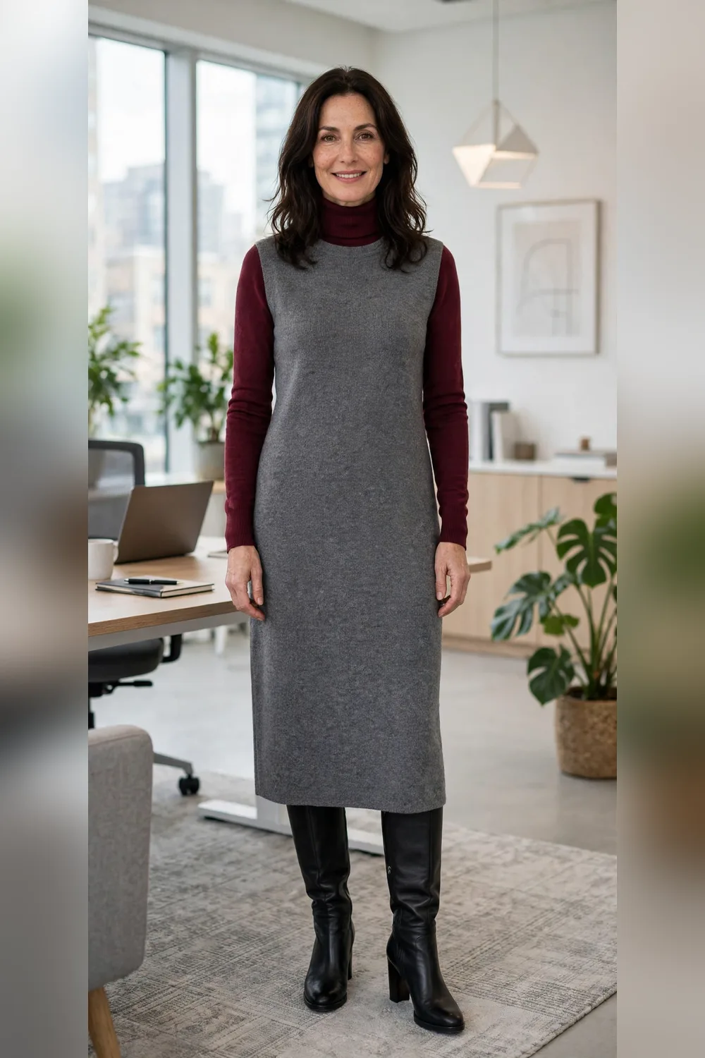 Turtleneck layered under sleeveless dress work outfit over 40