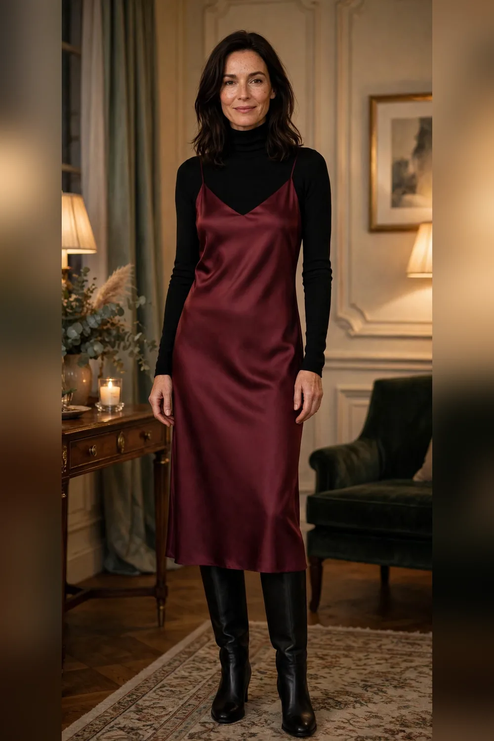 Woman in her 40s wearing a satin slip dress layered over a black turtleneck
