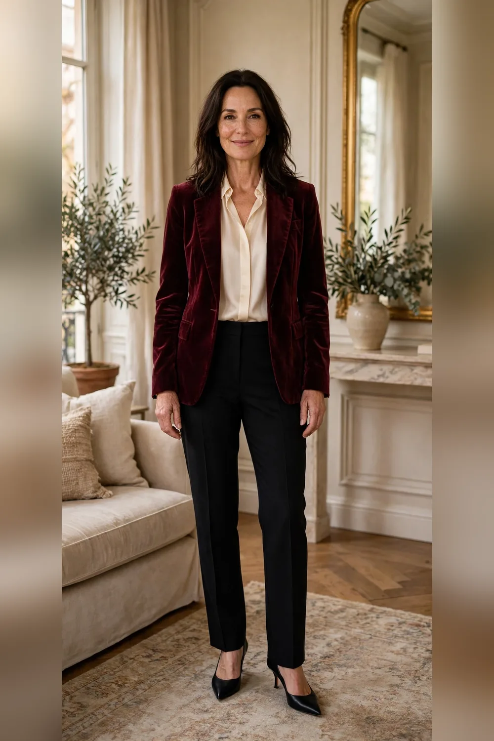 Woman in her 40s wearing a velvet blazer over a silk blouse with trousers