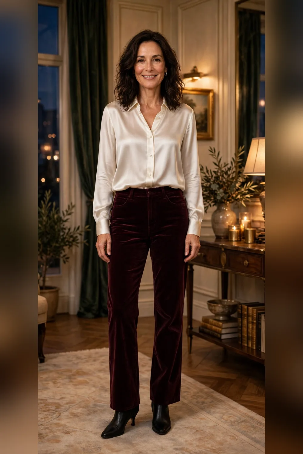 Woman in her 40s wearing wine velvet jeans with a silk blouse