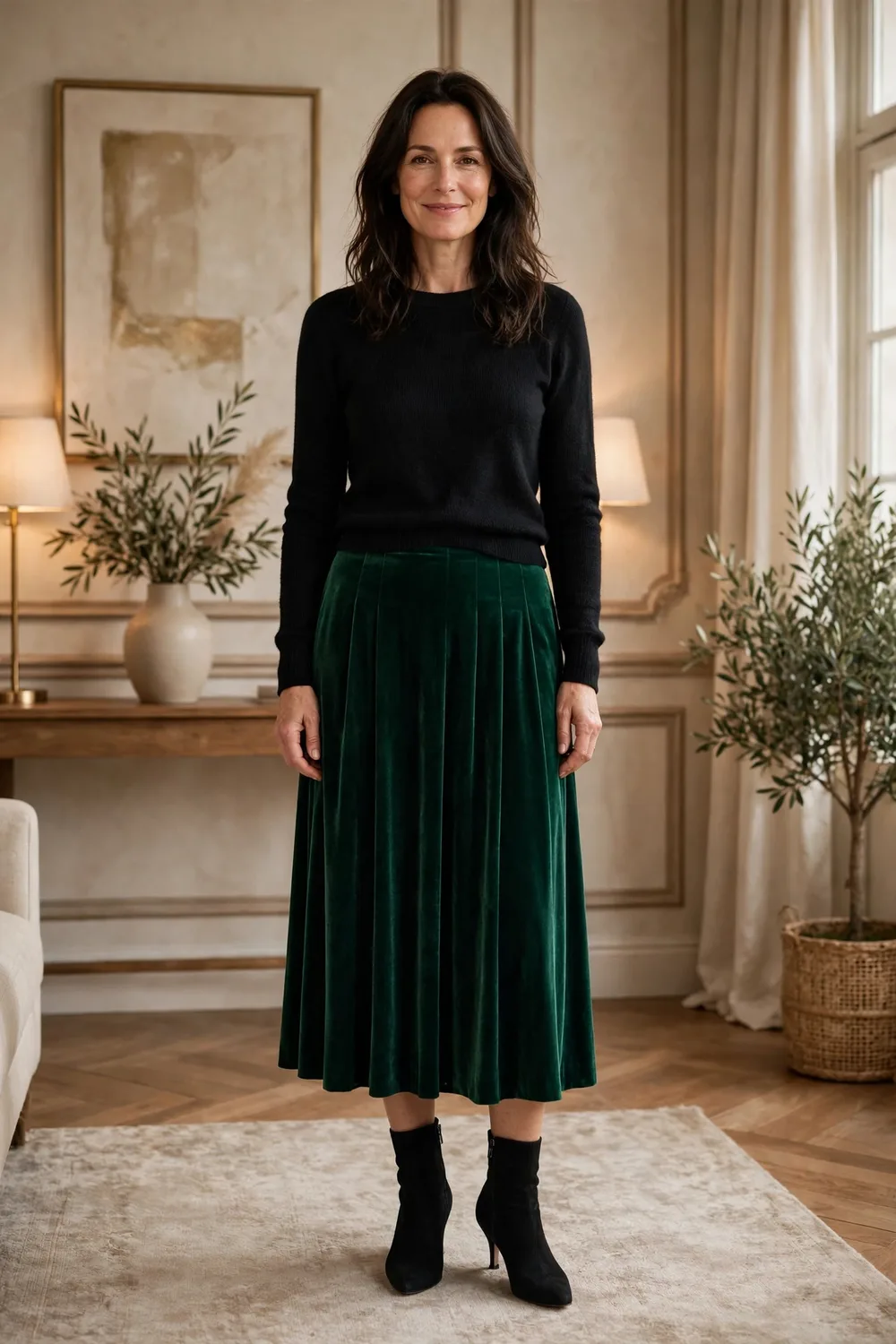 Woman in her 40s wearing an emerald velvet midi skirt with a fine black knit