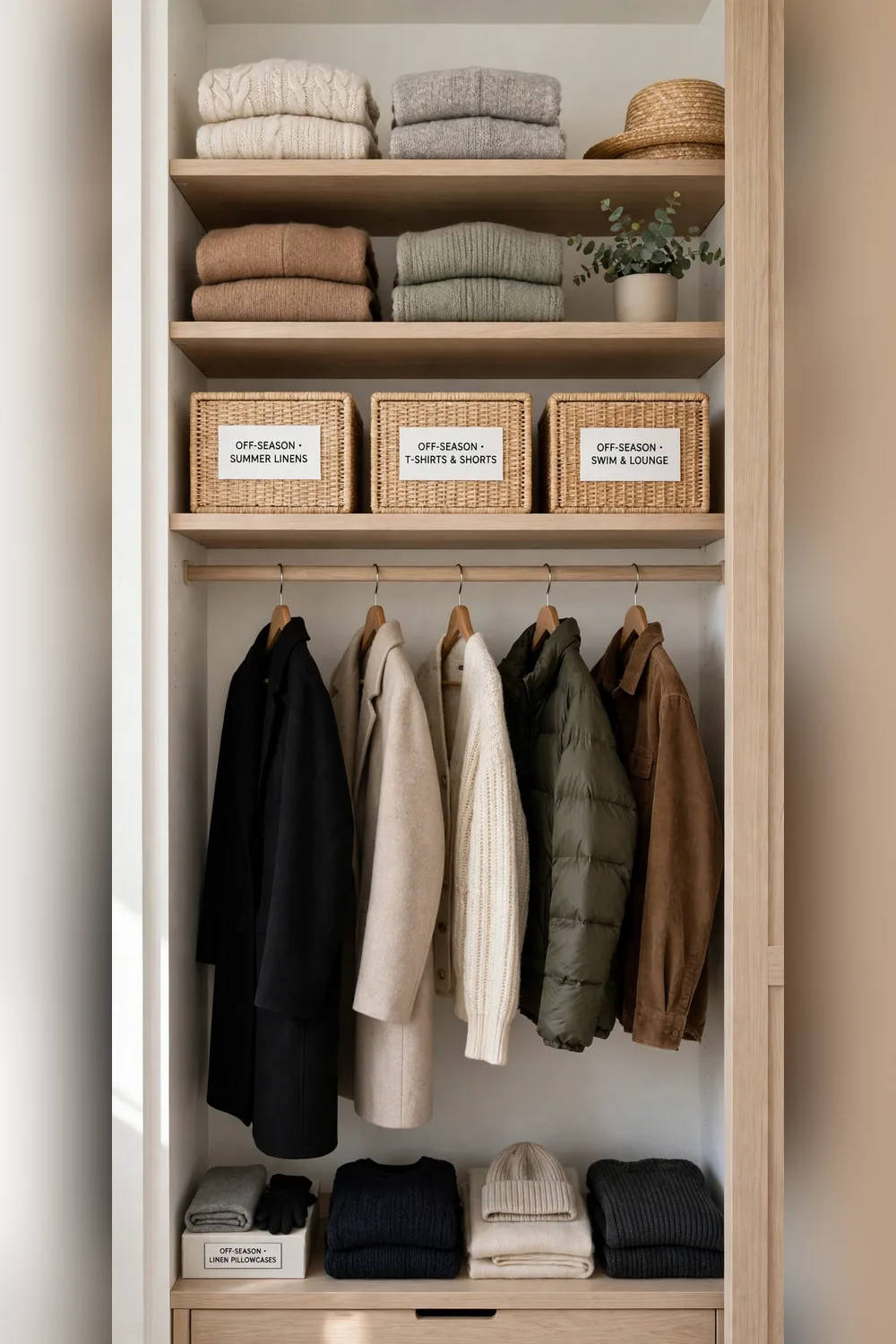 Edited winter capsule closet with storage boxes
