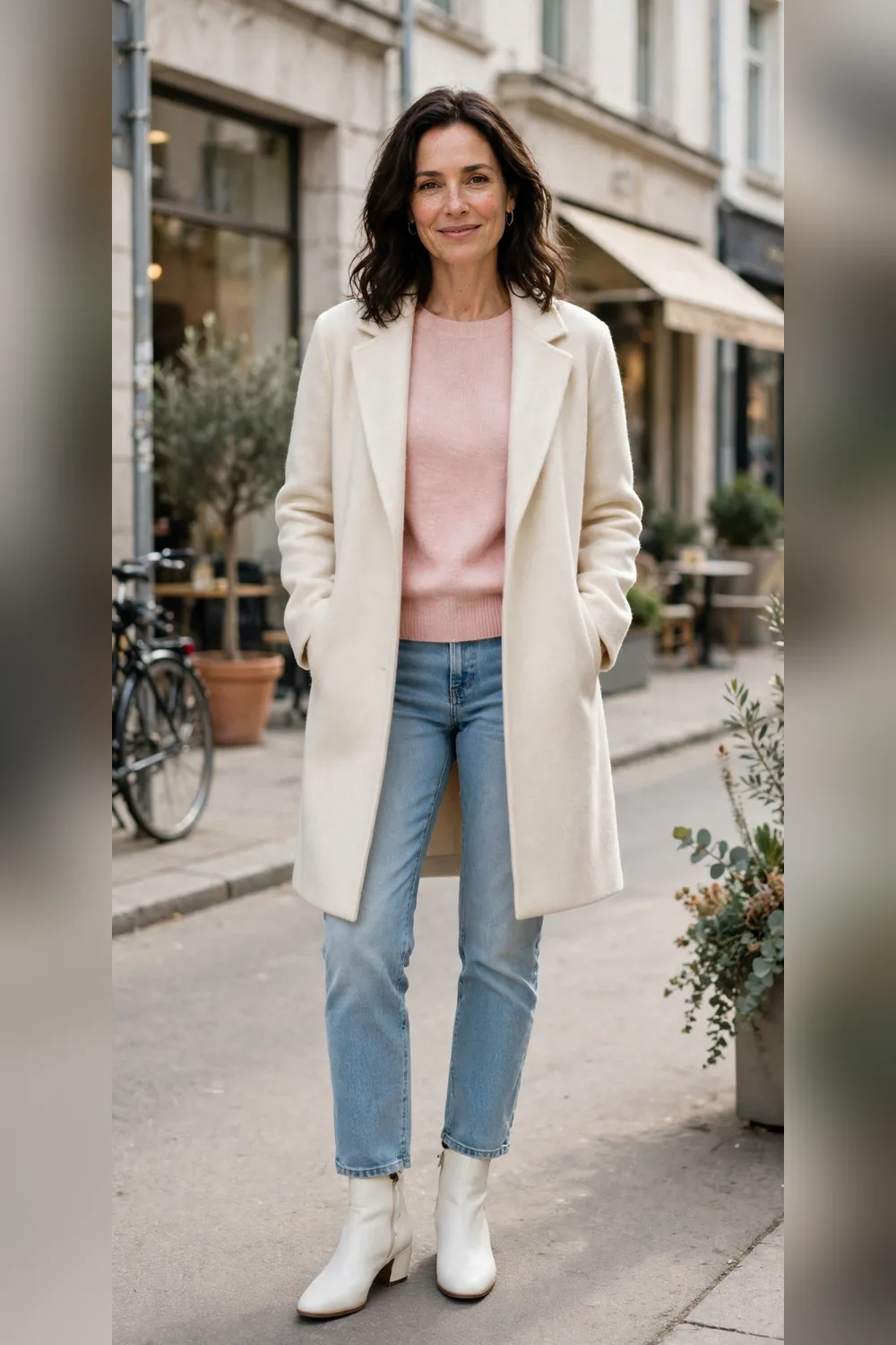 White ankle boots with jeans and pink sweater outfit for women over 40