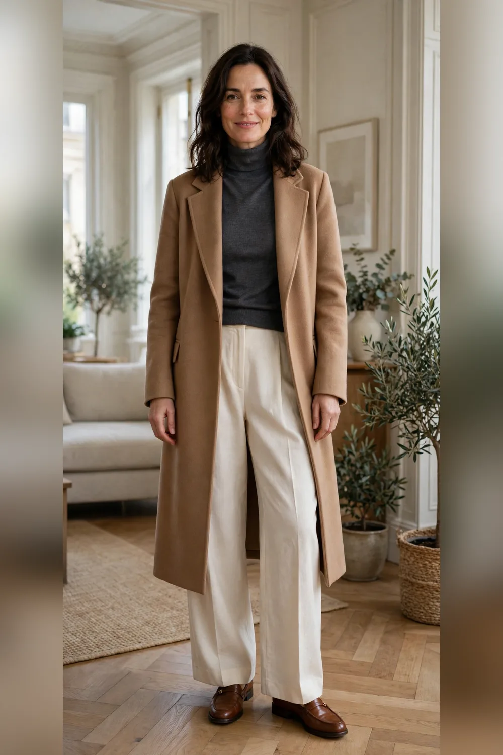 Woman in her 40s wearing wide-leg wool trousers with a fitted turtleneck