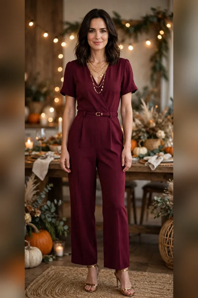 Woman in her 30s wearing a wine-colored jumpsuit with gold layered necklaces, Friendsgiving party setting.