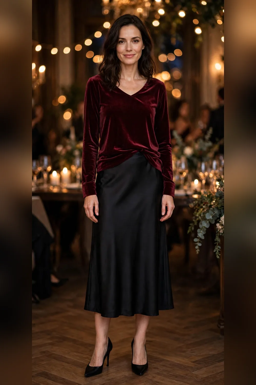 Wine velvet top with black satin skirt New Year's Eve outfit 30s