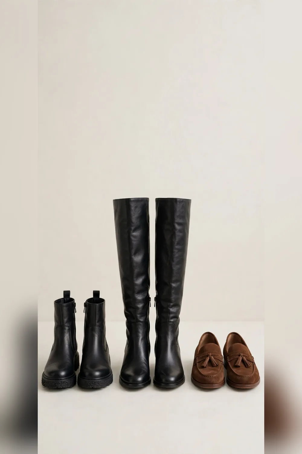 Winter capsule wardrobe boots lineup ankle boots knee-high boots and loafers