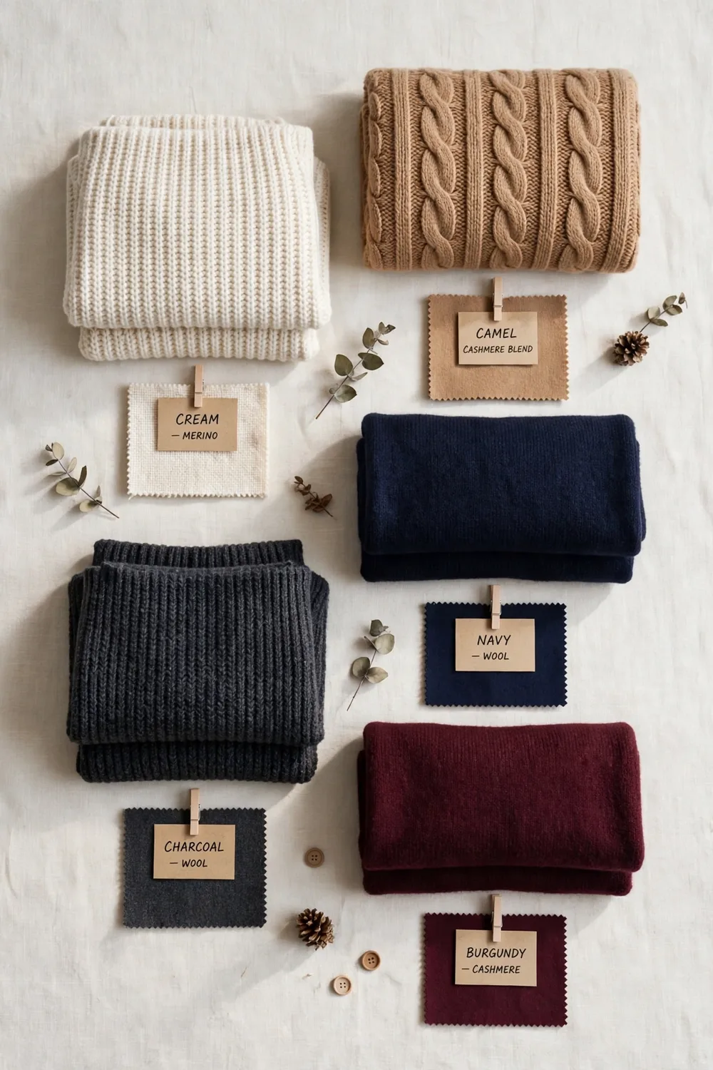 Winter capsule wardrobe color palette flat lay of knits in neutrals and burgundy