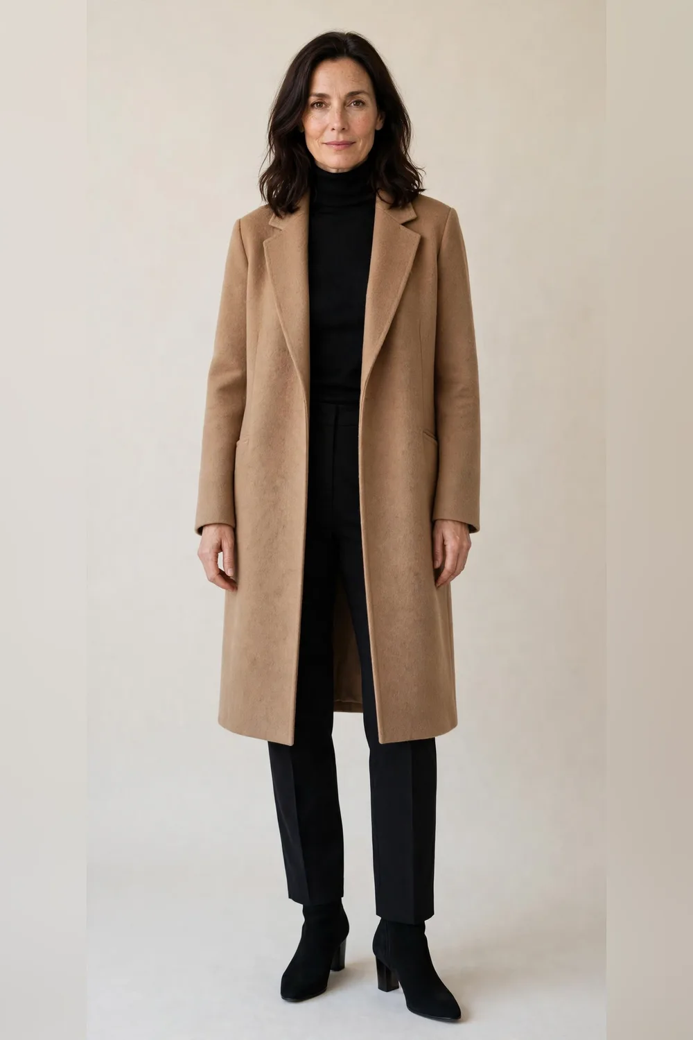 Camel wool coat worn over a black turtleneck with dark trousers and ankle boots