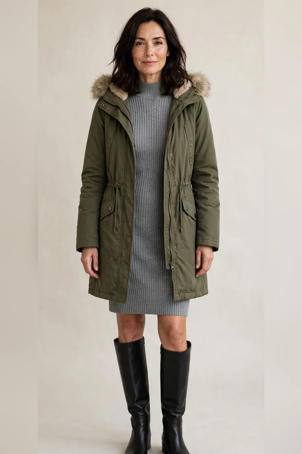 Olive parka over a grey knit dress with knee-high boots