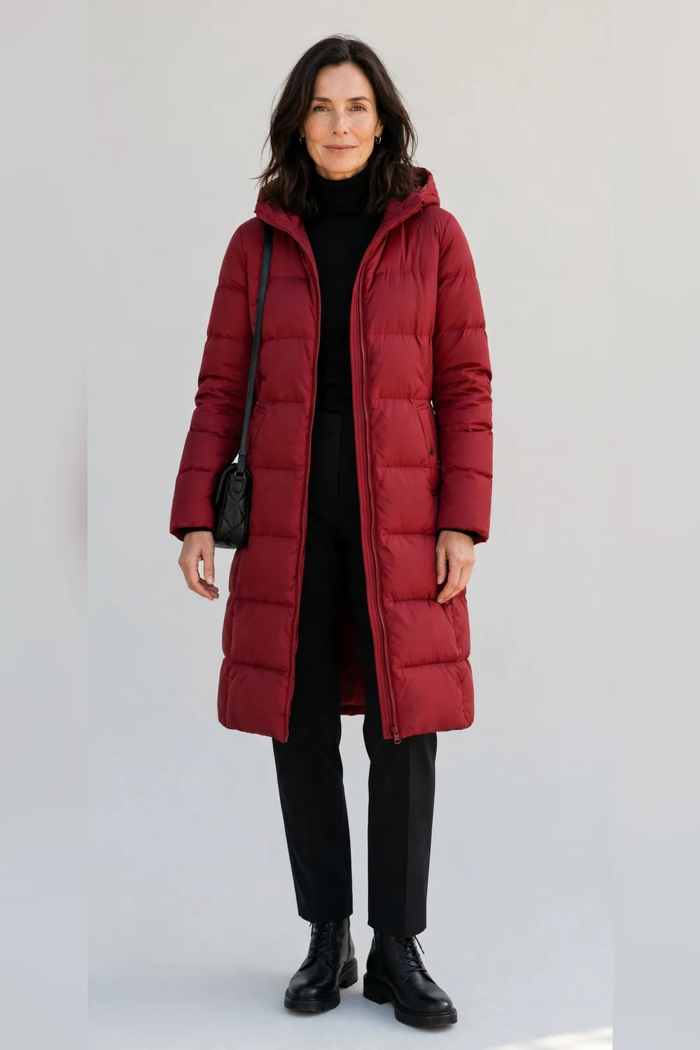 Red puffer coat with black trousers and black boots