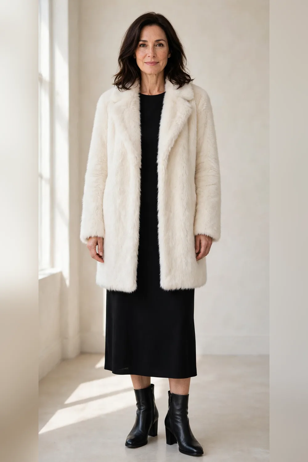 Ivory faux fur coat over a black midi dress with heeled boots
