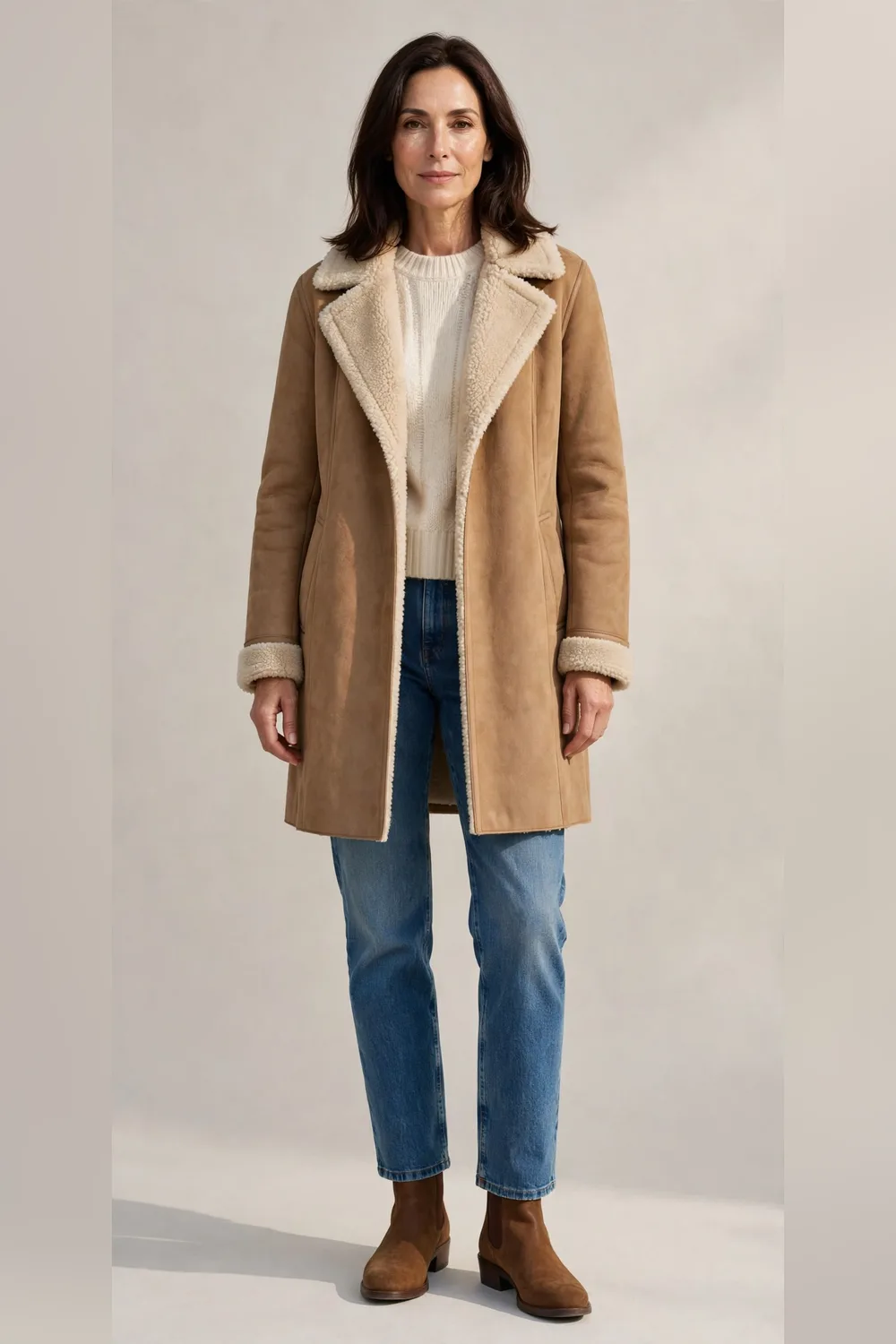 Shearling coat with blue straight jeans and brown boots