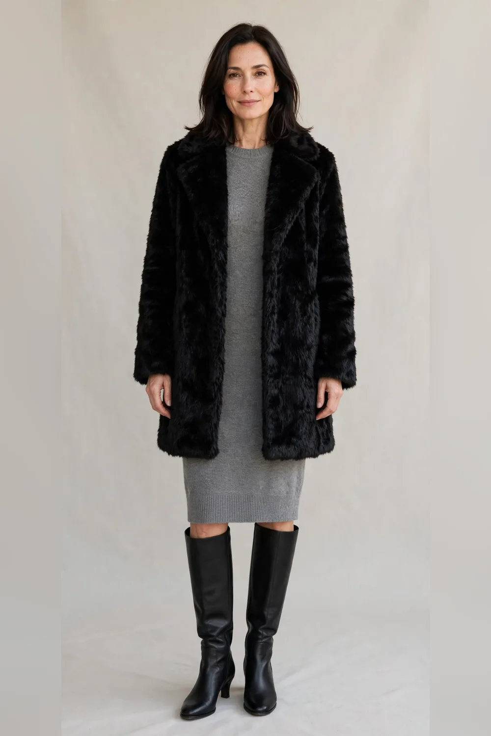 Black faux fur coat over a grey knit dress with black boots