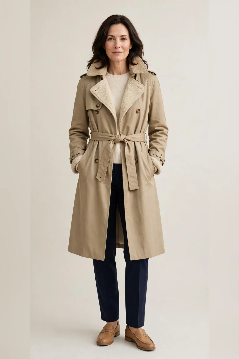 Classic trench coat with navy trousers and loafers