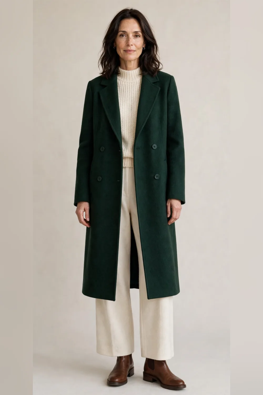 Green wool coat with cream trousers and brown boots