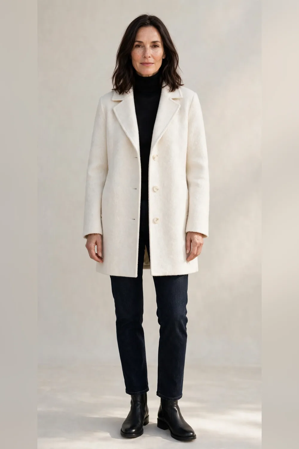 Winter white wool coat with dark straight jeans and black boots