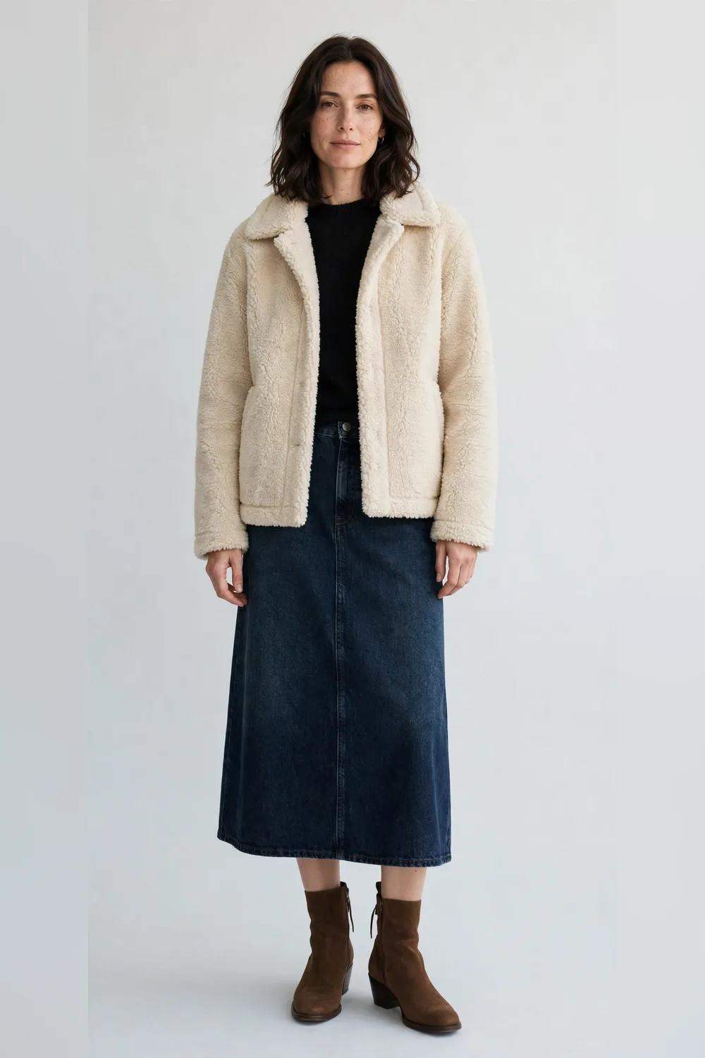 Cream sherpa jacket with a dark denim midi skirt and brown ankle boots for women in their 30s
