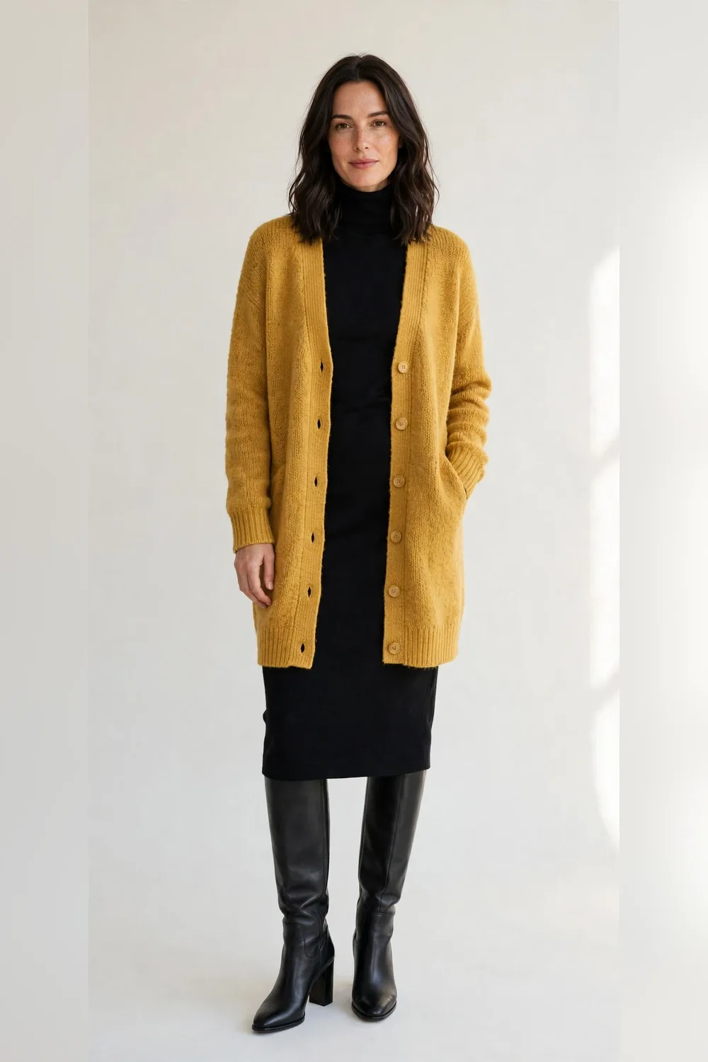 Mustard cardigan coat over a black turtleneck dress with black boots for women in their 30s
