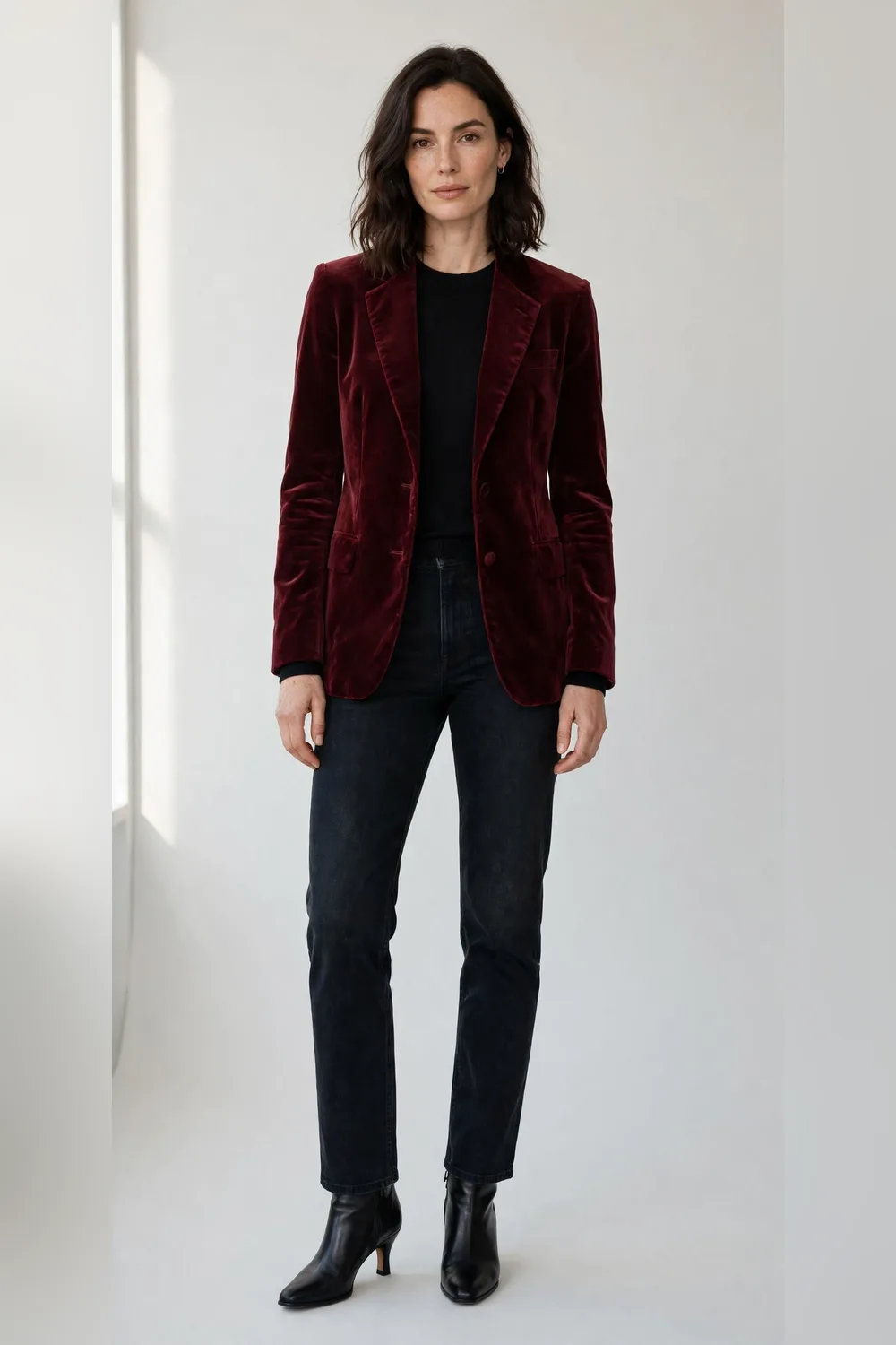Burgundy velvet blazer with dark straight jeans and black heeled boots for women in their 30s