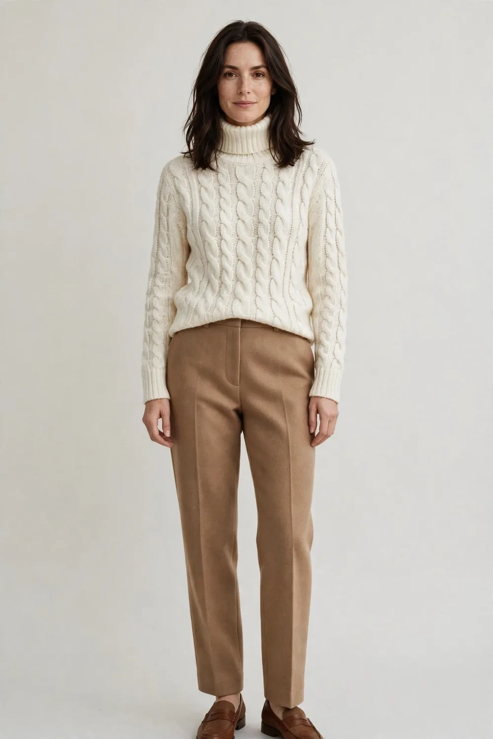Ivory cable-knit turtleneck with camel wool trousers and brown loafers for women in their 30s