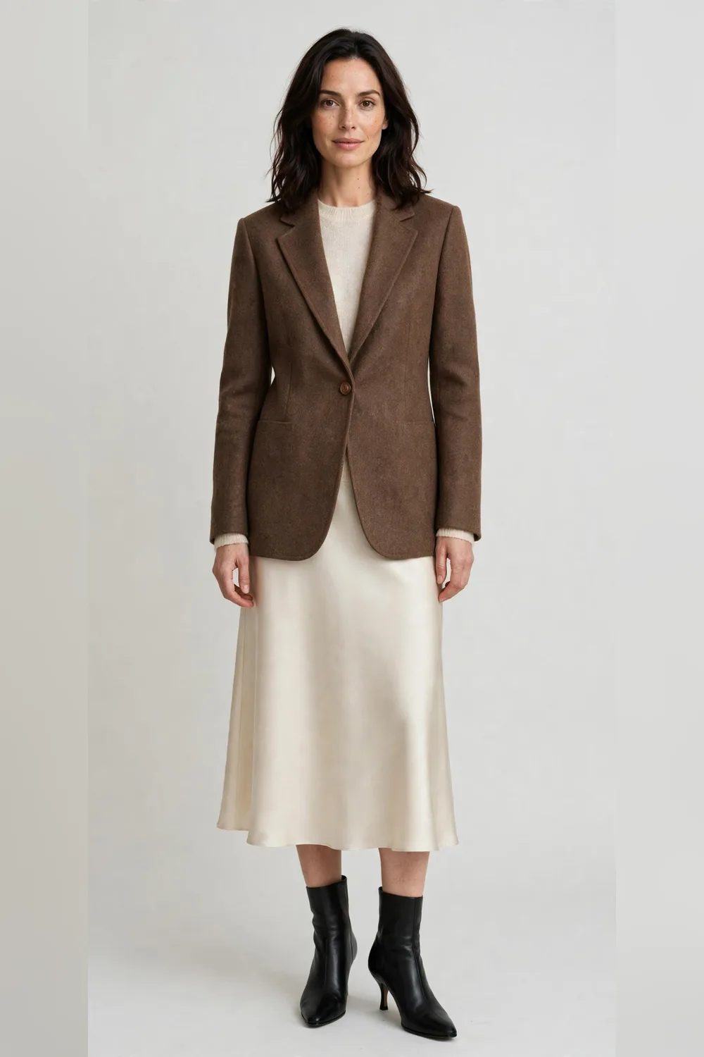 Brown wool blazer with a cream satin midi skirt and black heeled boots for women in their 30s