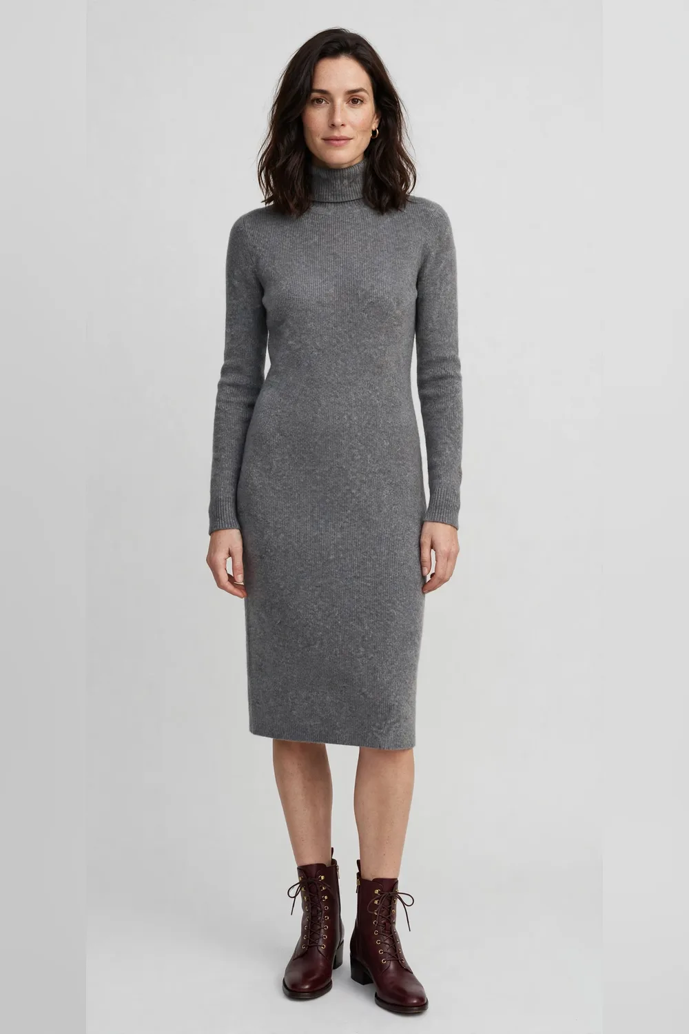 Grey turtleneck dress with burgundy ankle boots for women in their 30s